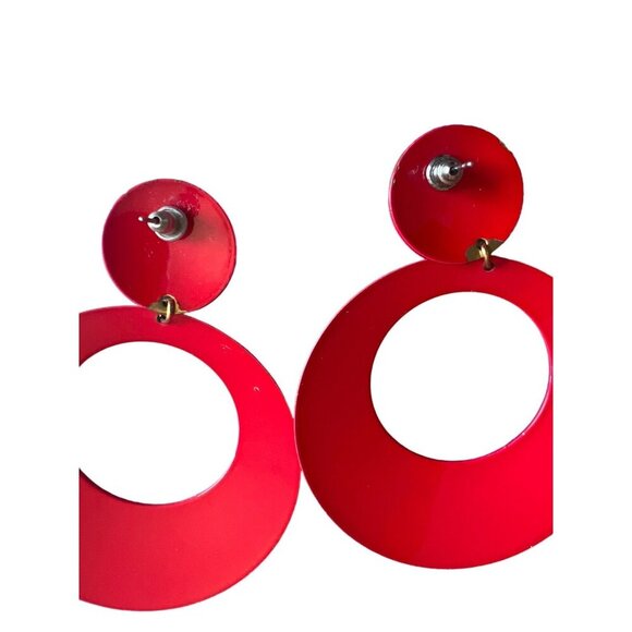 Vintage Red Dangle Pierced Earrings Enamel Hoops July 4 Memorial Day Summer RED - Picture 3 of 11